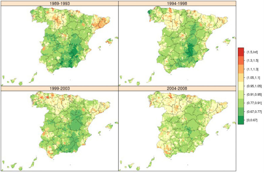 Mapa de Distribución del cáncer colorrectal en España (hombres)
