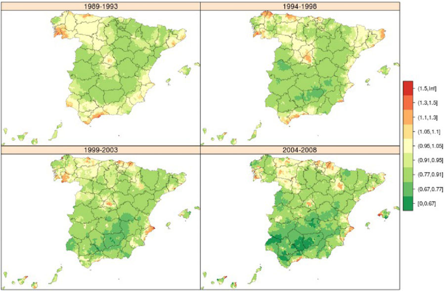 Distribución del cáncer de pulmón en España. Mujeres.
